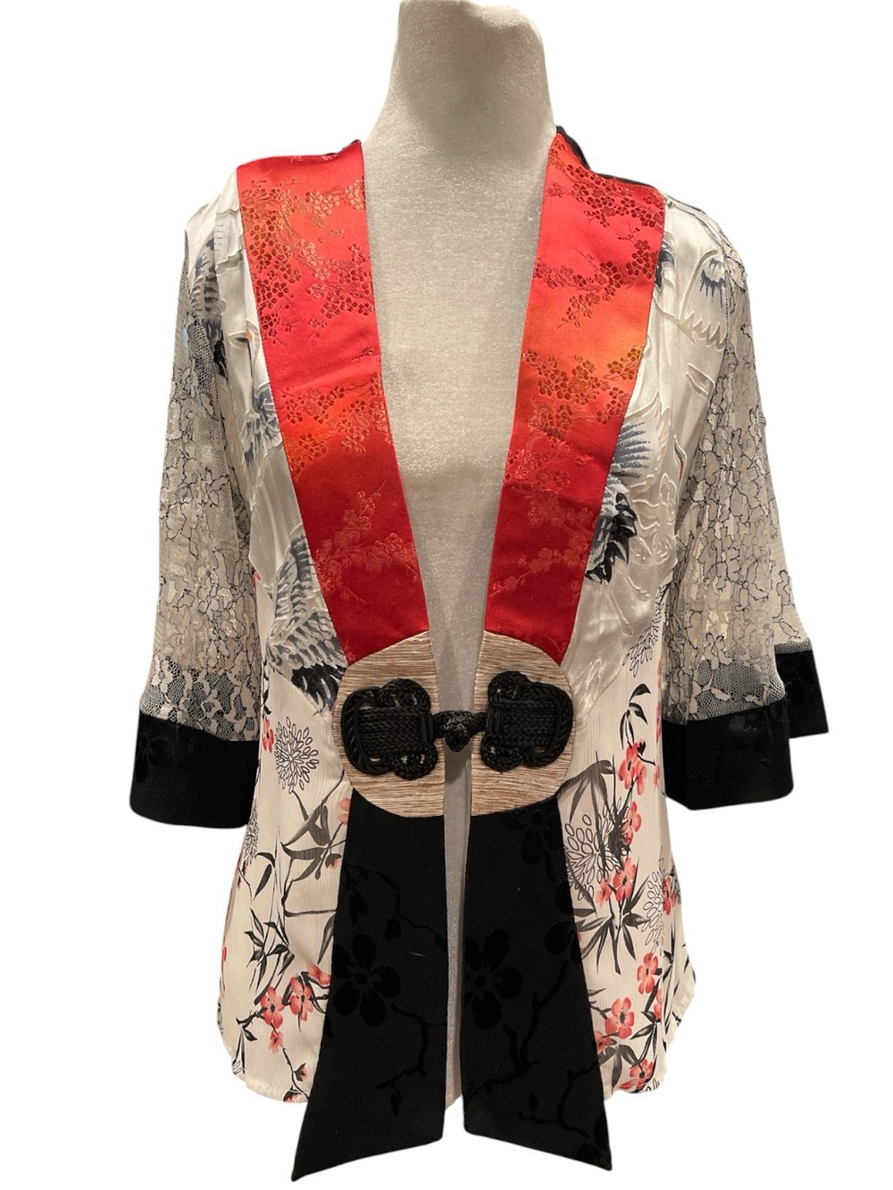 Spencer Alexis Art to Wear Crane Print Kimono Jacket Silk Blend S
